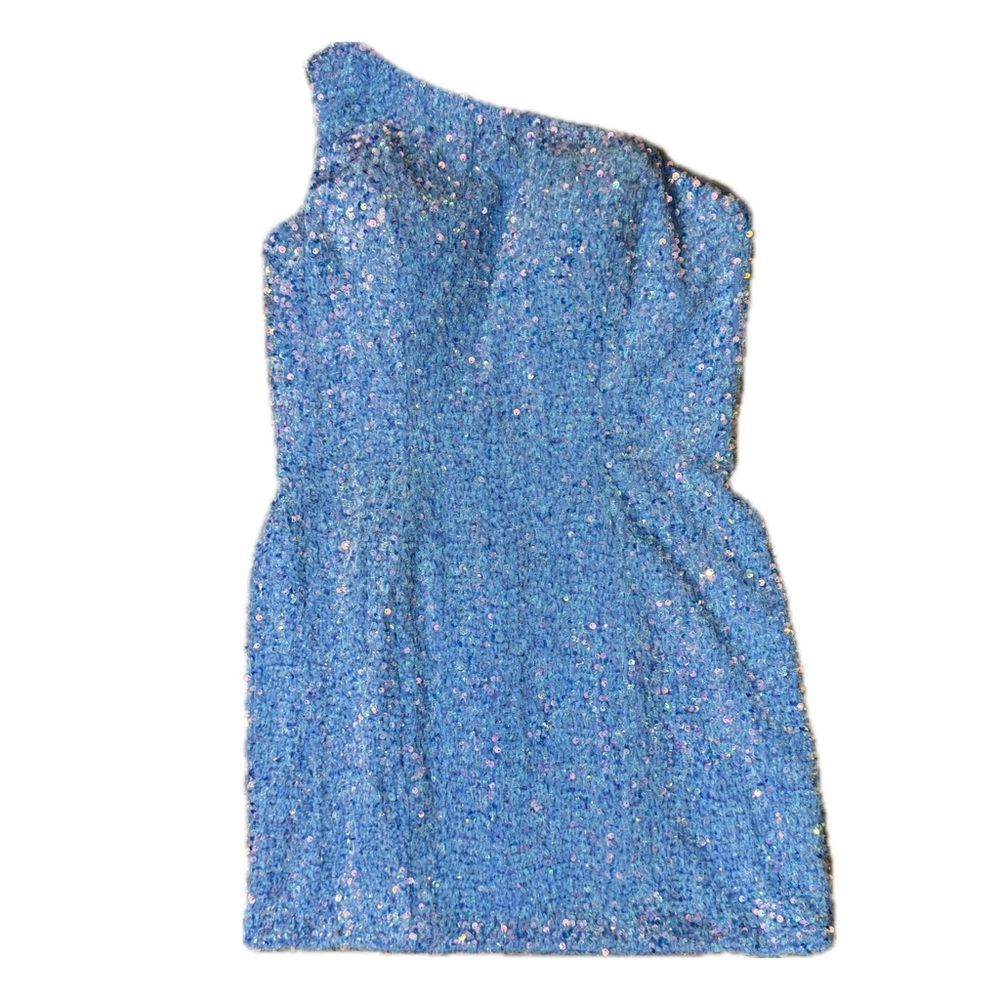 Sherri Hill‎ Light Blue Fully Sequined One Shoudler Mini Dress Womens Size 12